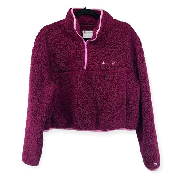 Champion Women’s Burgundy Quarter Zip Cozy Sherpa Crop Pullover Sweatshirt Large - Picture 1 of 11